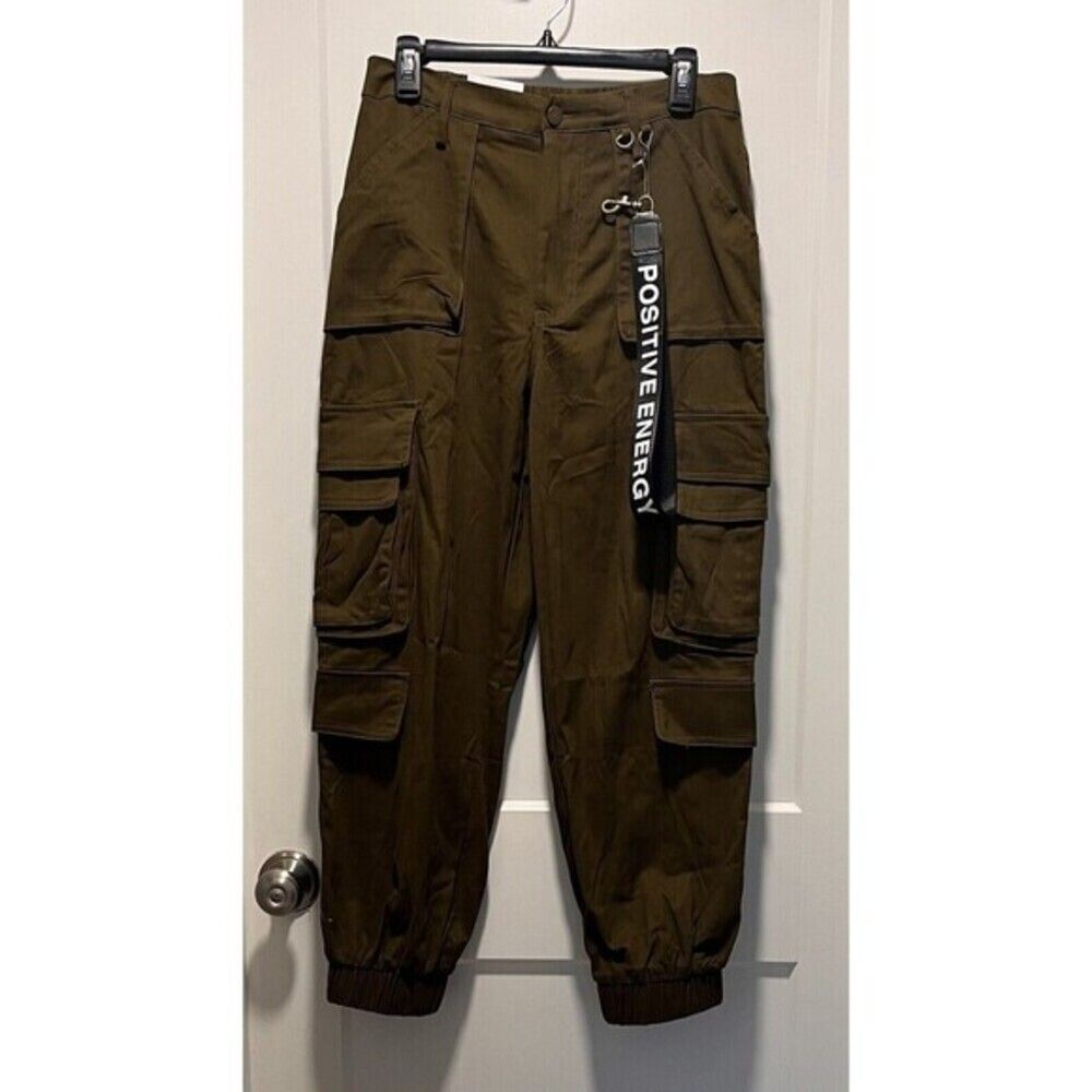 Women's High Rise Stretch Cargo Jogger Rue 21 Elastic Waist Front Zip Deep Olive